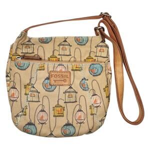 Fossil Birdie Bird Cage Tan Crossbody Shoulder Bag Handbag Canvas Leather